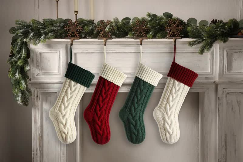 3 PCS Green Knitted Christmas Gift Bag with Decorative Stocking & Color Block Cable Knit - Large Capacity Holiday Gift Bag Cart Online