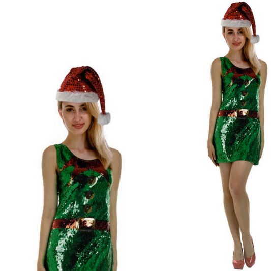 Womens Christmas Sequin Elf Dress Costume Party Dress Up Xmas Ladies Cart Online